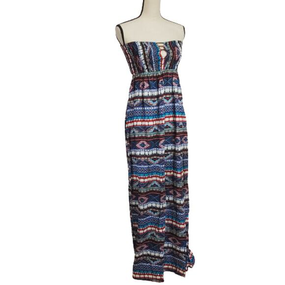 Tribal Print Tube Top Flirty Back Strapless Maxi Dress Medium - Picture 1 of 5